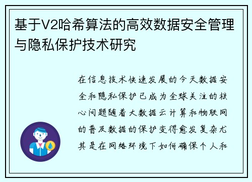 基于V2哈希算法的高效数据安全管理与隐私保护技术研究